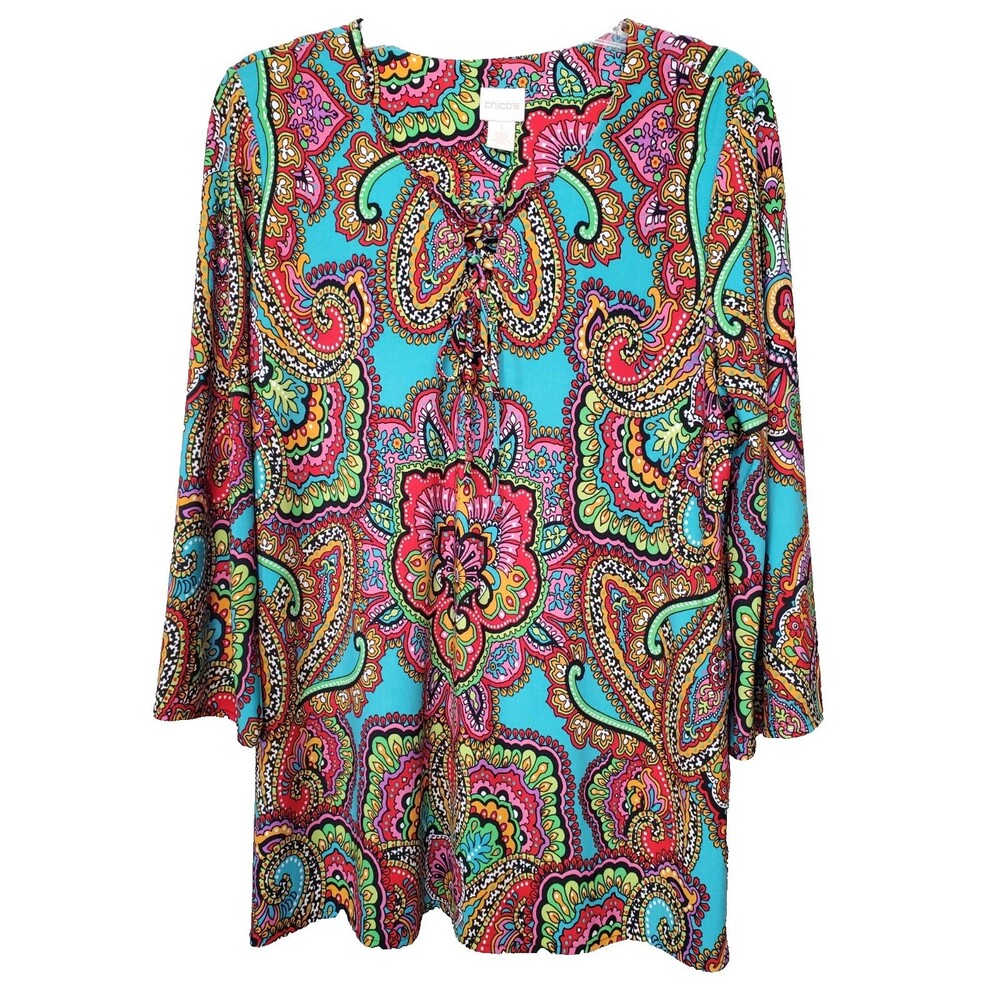 Chico's Vibrant Paisley Lace-Up Neckline 3/4 Sleeve Stretchy Tunic Size 1 MEDIUM